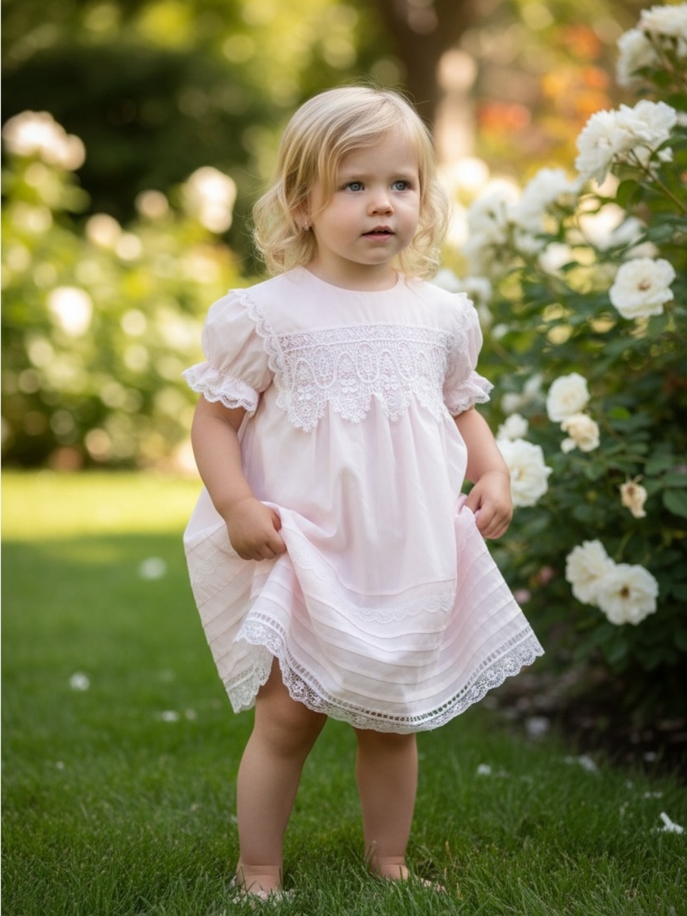 Gunne Sax Pale Pink Lace-Trim Infant Dress